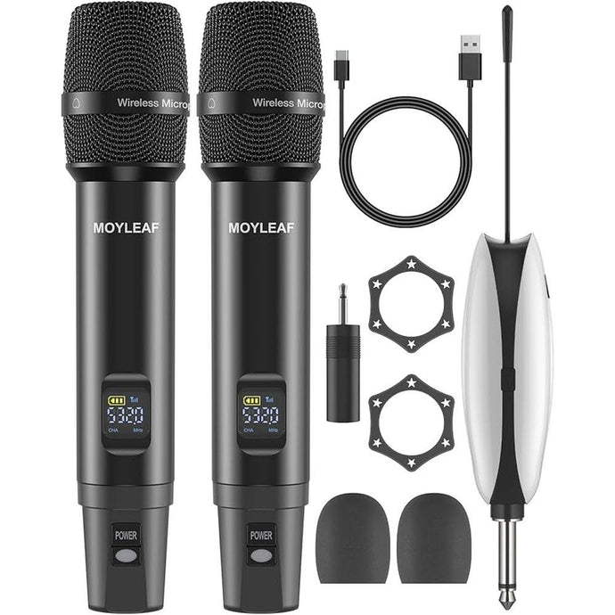 Wireless Microphones,Metal Microphone with Dual Professional UHF Cordless Dynamic System,Rechargeable Microphone Receiver for Karaoke Singing, Wedding,Party, DJ, Speech, Church, Class Use,240ft