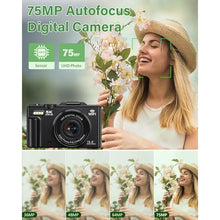 Load image into Gallery viewer, 5K Digital Camera for Photography, 75MP WiFi Vlogging Camera for YouTube with 3&quot; 180° Flip Screen, 18X Zoom UHD Autofocus Video Camara with 32GB SD Card, 2 Batteries
