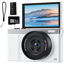 Load image into Gallery viewer, 4K Digital Camera, 64MP Vlogging Camera for Photography with 3&quot; 180° Flip Screen, 16X Digital Zoom Point and Shoot Camara with 64GB SD Card for Beginner (White)
