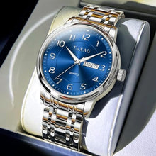 Load image into Gallery viewer, Taxau Blue Stainless Steel Band Watches for Men with Day Date Silver Large Face Watch Quartz Arabic Numerals Dress Analog Classic Waterproof Relojes para Hombres
