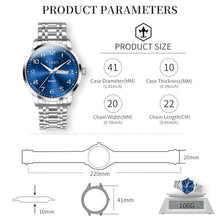 Load image into Gallery viewer, Taxau Blue Stainless Steel Band Watches for Men with Day Date Silver Large Face Watch Quartz Arabic Numerals Dress Analog Classic Waterproof Relojes para Hombres
