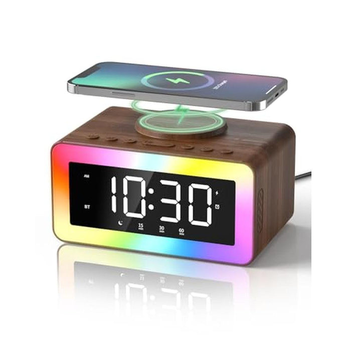 Alarm Clock with Wireless Charging, White/Brown Noise Sound Machine, Bluetooth Speaker Night Light, Wooden Digital Alarm Clocks for Bedrooms,Wireless Charger for iPhone, Birthday Gifts for Men Women