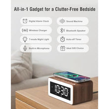 Load image into Gallery viewer, Alarm Clock with Wireless Charging, White/Brown Noise Sound Machine, Bluetooth Speaker Night Light, Wooden Digital Alarm Clocks for Bedrooms,Wireless Charger for iPhone, Birthday Gifts for Men Women
