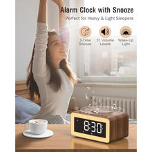 Load image into Gallery viewer, Alarm Clock with Wireless Charging, White/Brown Noise Sound Machine, Bluetooth Speaker Night Light, Wooden Digital Alarm Clocks for Bedrooms,Wireless Charger for iPhone, Birthday Gifts for Men Women
