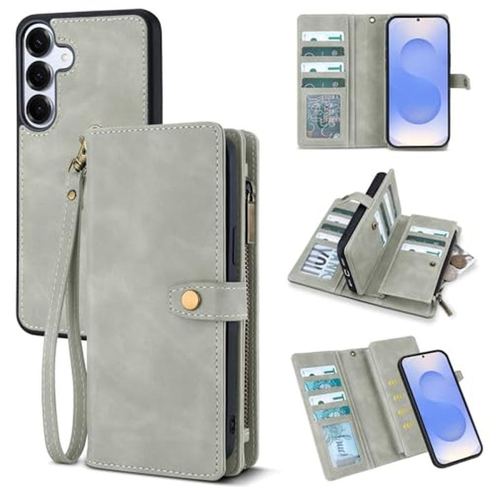 TwoHead for Samsung Galaxy S25 Wallet Case with Card Holder, Detachable Magnetic Phone Case for S25,PU Leather All-Round Protective Phone Case Wallet with Wrist Strap(6.2 in,Gray)