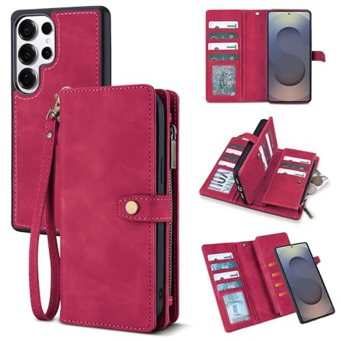 TwoHead for Samsung Galaxy S25 Ultra Wallet Case with Card Holder, Detachable Magnetic Phone Case for S25 Ultra,PU Leather All-Round Protective Phone Case Wallet with Wrist Strap(6.9 in,Wine Red)