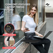 Load image into Gallery viewer, NOVAMART Laptop Tripod Stand Adjustable Laptop Holder with Phone Mount | Heavy- Duty Alloy Tripod Stand with Tray | Height Adjustable 0.651.6m | Portable, Foldable, 15kg Load Capacity | Black
