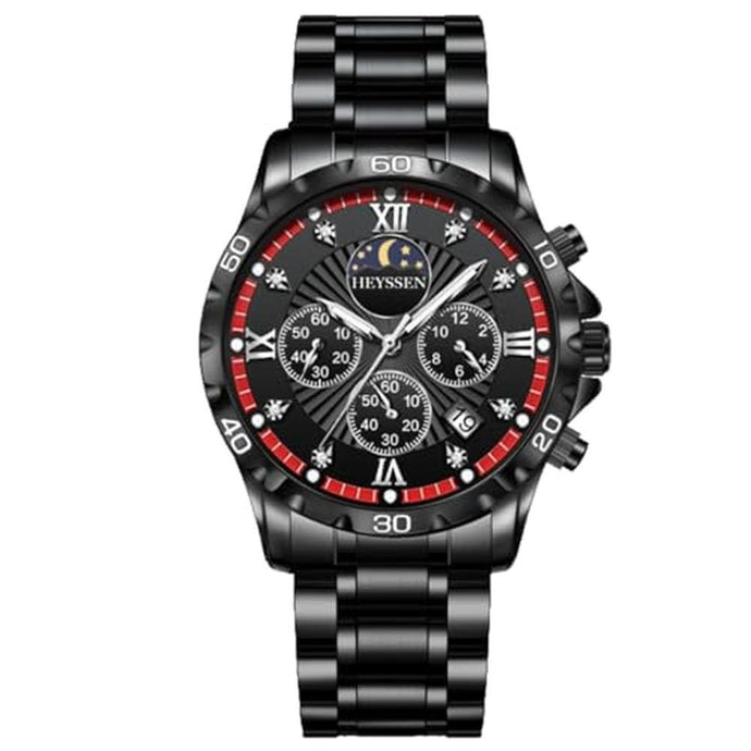 Heyssen Watches for Men Stainless Steel Dress Watch for Mens Quartz Analog Wrist Luxury Black Metal Tone Black Red Dial Big Classic Diver Waterproof Chronograph Black Face Business Man Gift