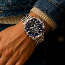 Load image into Gallery viewer, Heyssen Watches for Men Stainless Steel Dress Watch for Mens Quartz Analog Wrist Luxury Black Metal Tone Blue Dial Big Classic Diver Waterproof Chronograph Black Face Business Man Gift
