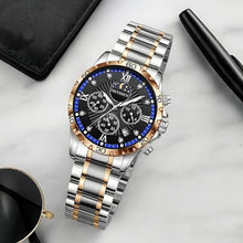 Load image into Gallery viewer, Heyssen Watches for Men Stainless Steel Dress Watch for Mens Quartz Analog Wrist Luxury Black Metal Tone Blue Dial Big Classic Diver Waterproof Chronograph Black Face Business Man Gift

