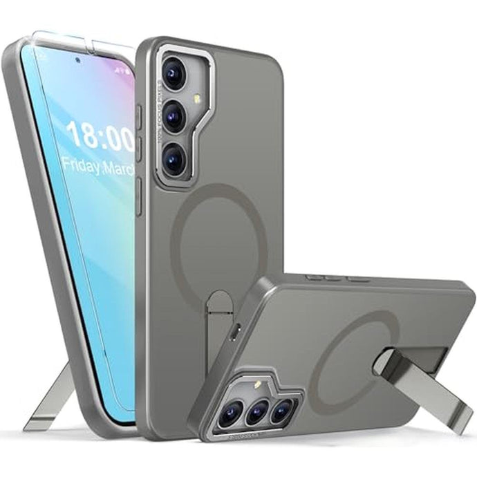 for Samsung Galaxy S25 S24 Case with Screen Protector Compatible with MagSafe Slim Translucent Matte Military Grade Drop Protective Shockproof Cover for Samsung S25 S24 Kickstand Phone Case (Gray)