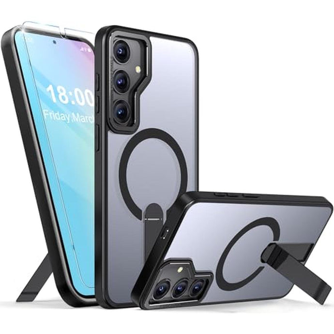 for Samsung Galaxy S25 S24 Case with Screen Protector Compatible with MagSafe Slim Translucent Matte Military Grade Drop Protective Shockproof Cover for Samsung S25 S24 Kickstand Phone Case (Black)