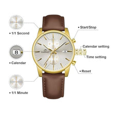 Load image into Gallery viewer, CalmTick Professional Japanese VD51 Movement Men s Business Watch - 3 Year Battery Life, Luminous Hands, Date Display Chronograph - Genuine Leather Strap (Brown-Gold-Leather Band)
