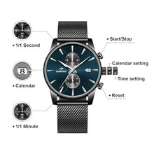 Load image into Gallery viewer, CalmTick Professional Japanese VD51 Movement Men s Business Watch - 3 Year Battery Life, Luminous Hands, Date Display Chronograph - Stainless Steel Strap (Black-Dark Green)
