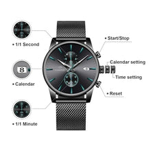 Load image into Gallery viewer, CalmTick Professional Japanese VD51 Movement Men s Business Watch - 3 Year Battery Life, Luminous Hands, Date Display Chronograph - Stainless Steel Strap (Black-Lake Blue)
