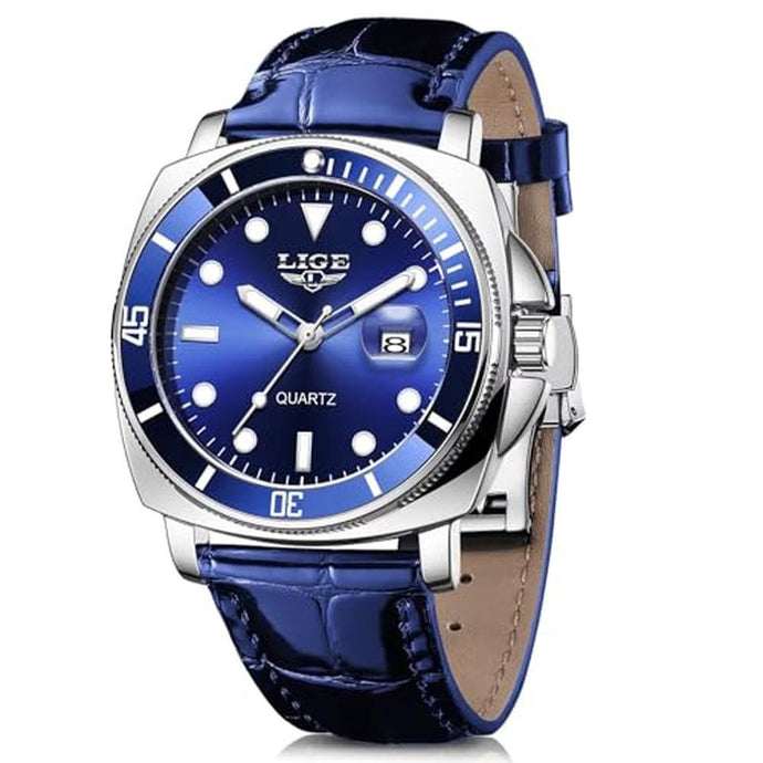 SACOSDING Quartz Watches for Men,Stainless Steel Waterproof Analog Watch,Luxury Big Face Comfortable Leather Strap Mens Watches,Date Luminous Business Dress Watch for Men(Silver Blue)