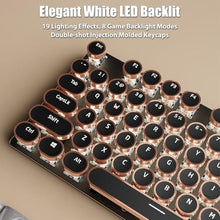 Load image into Gallery viewer, TISHLED Typewriter Style Mechanical Gaming Keyboard White LED Backlit 104-Key NKRO White Switches Retro Round Keycaps Golden Ring Volume Knob Metal Panel Wired USB-C Detachable Cable, Black
