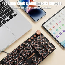 Load image into Gallery viewer, TISHLED Typewriter Style Mechanical Gaming Keyboard White LED Backlit 104-Key NKRO White Switches Retro Round Keycaps Golden Ring Volume Knob Metal Panel Wired USB-C Detachable Cable, Black
