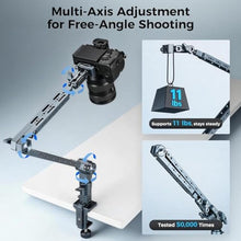 Load image into Gallery viewer, Overhead Camera Mount with 360 Adjustable Magic Boom Arm with 1/4" &amp; NATO &amp; Camera Holder &amp; C Clamp for TikTok Live Streaming Photography Studio Content Creation, Super Desk Clamp Mount
