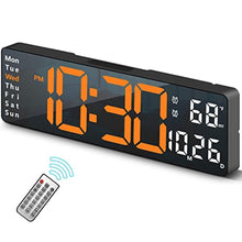 Load image into Gallery viewer, Abovsare Digital Wall Clock for Living Room Decor, Desk Alarm Clock for Bedroom, Large Wall Clock with Remote Control, Automatic Brightness Dimmer LED Clock with Date Temperature Week (Orange-B), BlackCaseorangeDigit_1
