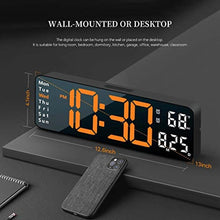 Load image into Gallery viewer, Abovsare Digital Wall Clock for Living Room Decor, Desk Alarm Clock for Bedroom, Large Wall Clock with Remote Control, Automatic Brightness Dimmer LED Clock with Date Temperature Week (Orange-B), BlackCaseorangeDigit_2339
