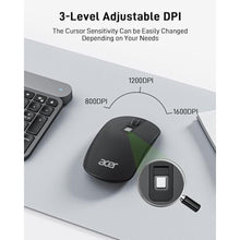 Load image into Gallery viewer, Acer Computer Mouse Wireless, 2.4G Slim USB Wireless Mice with USB Receiver, Small Sized Hands, 800/1200/1600 Adjustable DPI Optical Laptop Mouse with 4 Buttons, Portable for Laptop, Desktop, PC, Black_7266
