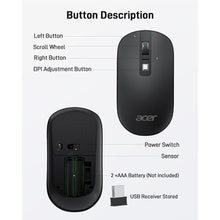 Load image into Gallery viewer, Acer Computer Mouse Wireless, 2.4G Slim USB Wireless Mice with USB Receiver, Small Sized Hands, 800/1200/1600 Adjustable DPI Optical Laptop Mouse with 4 Buttons, Portable for Laptop, Desktop, PC, Black_7268
