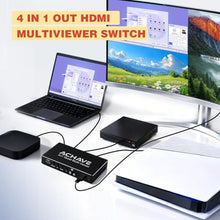 Load image into Gallery viewer, ACHAVE 4x1 HDMI Multiviewer Switch 2x1 3x1, 4K@30Hz 1080P@60Hz Quad Screen Splitter with 10 Display Modes, Seamless Switching, IR Remote Control, Compatible with Laptop, Xbox, TV Box, Black_225
