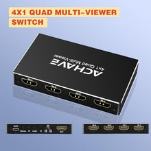 Load image into Gallery viewer, ACHAVE 4x1 HDMI Multiviewer Switch 2x1 3x1, 4K@30Hz 1080P@60Hz Quad Screen Splitter with 10 Display Modes, Seamless Switching, IR Remote Control, Compatible with Laptop, Xbox, TV Box, Black_228
