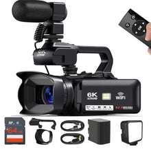 Load image into Gallery viewer, Acuvar 4K/6K Camcorder Video Camera 64MP 60FPS Vlogging Camera for YouTube, WiFi, LED Light, Mic, 64GB SD Card Live Stream Webcam, Black_1

