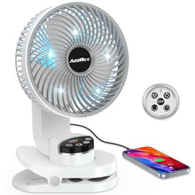 Load image into Gallery viewer, AddAcc Battery Operated Camping Fan with Light, 20000mAh Rechargeable Clip on Fan with Hook &amp; Digital Display, 112Hrs Running, 9 Speed, 360 Rotation Portable Small Fans for Tent Camping RV Travel, White_1
