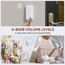 Load image into Gallery viewer, AIDA Wireless Doorbell, Self-powered Doorbell with Extra Socket, No Battery Required Push Button, Cordless Door Bell Ringer, 5 Volume Levels with 32 Doorbell Chimes (White, 2 Button &amp; 1 Receiver)_784
