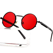 Load image into Gallery viewer, AIEYEZO Round Steampunk Sunglasses Trendy Retro Circle Glasses Gothic Metal Frame 100% UV Blocking Lens (Black/Ocean Red), BlackOceanRed_1
