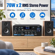 Load image into Gallery viewer, AK55 Stereo Amplifier Home Audio, Bluetooth 5.0 Max 600W Power Stereo Receivers 2.0 Channel Audio Amplifier for Speaker W/Remote Control/AUX/RCA/Echo/USB/2 MIC in for Home Party, Karaoke, Black_370
