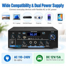 Load image into Gallery viewer, AK55 Stereo Amplifier Home Audio, Bluetooth 5.0 Max 600W Power Stereo Receivers 2.0 Channel Audio Amplifier for Speaker W/Remote Control/AUX/RCA/Echo/USB/2 MIC in for Home Party, Karaoke, Black_371
