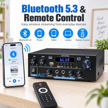 Load image into Gallery viewer, AK55 Stereo Amplifier Home Audio, Bluetooth 5.0 Max 600W Power Stereo Receivers 2.0 Channel Audio Amplifier for Speaker W/Remote Control/AUX/RCA/Echo/USB/2 MIC in for Home Party, Karaoke, Black_372
