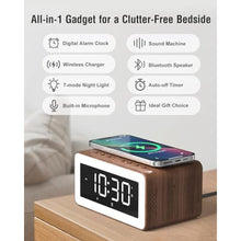 Load image into Gallery viewer, Alarm Clock with Wireless Charging, Bluetooth Speaker, White/Brown Noise Sound Machine Night Light, Wooden Digital Alarm Clocks for Bedrooms, Wireless Charger for iPhone, Birthday Gifts for Men Women_4211
