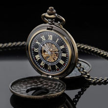 Load image into Gallery viewer, Alwesam Vintage Hand Wind Up Pocket Watches for Men, Roman Numerals Scale Mechanical Pocket Watch with Chain,Double Open Mens Skeleton Pocket Watch(Bronze)_611
