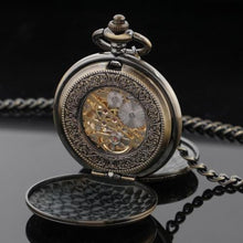 Load image into Gallery viewer, Alwesam Vintage Hand Wind Up Pocket Watches for Men, Roman Numerals Scale Mechanical Pocket Watch with Chain,Double Open Mens Skeleton Pocket Watch(Bronze)_612

