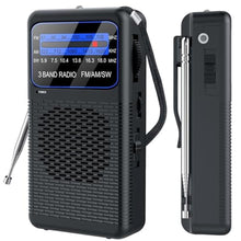 Load image into Gallery viewer, AM FM SW 3 Band Pocket Radio, Portable Battery Operated Shortwave Radio, Back Clip Transistor radios with 3.5mm Earphone Jack, Emergency LED Flashlight for Camping, Home, Black_1
