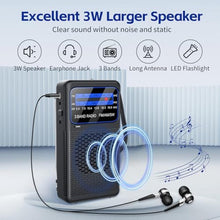 Load image into Gallery viewer, AM FM SW 3 Band Pocket Radio, Portable Battery Operated Shortwave Radio, Back Clip Transistor radios with 3.5mm Earphone Jack, Emergency LED Flashlight for Camping, Home, Black_4124
