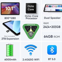Load image into Gallery viewer, Android 15 Tablet 10.1 inch Tablet 2025 Latest Tablets with Keyboard Mouse 24GB+64GB 2TB Expand 6000mAh Octa-Core Processor Dual Camera WiFi 1280x800 IPS 18W Fast Charging (Black)_3789
