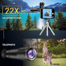 Load image into Gallery viewer, APEXEL 6 in 1 Phone Lens Kit - 22x Telephoto Lens, 205 Fisheye Lens, 120 Wide Angle Lens &amp; 25X Macro Lens(Screwed Together), Compatible with iPhone,Samsung,Pixel, Black_243

