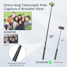 Load image into Gallery viewer, ATUMTEK 63" Phone Tripod, Extendable Selfie Stick with Bluetooth Remote, All-in-One Aluminum Tripod Stand for 4"-7" iPhone and Android Smartphones, Black_2466
