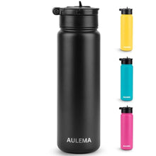 Load image into Gallery viewer, AULEMA 24OZ Stainless Steel Double Wall Insulated Water Bottle, Keeps Drinks Cold 24 Hours/Hot 12 Hours, Leak-Proof, Foldable Straw Lid, Dishwasher Safe, Fits Car Cup Holder, Black_1
