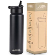 Load image into Gallery viewer, AULEMA 24OZ Stainless Steel Double Wall Insulated Water Bottle, Keeps Drinks Cold 24 Hours/Hot 12 Hours, Leak-Proof, Foldable Straw Lid, Dishwasher Safe, Fits Car Cup Holder, Black_5660
