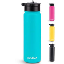 Load image into Gallery viewer, AULEMA 24OZ Stainless Steel Double Wall Insulated Water Bottle, Keeps Drinks Cold 24 Hours/Hot 12 Hours, Leak-Proof, Foldable Straw Lid, Dishwasher Safe, Fits Car Cup Holder, Bright Turquoise, BrightTurquoise_1
