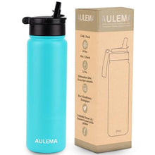 Load image into Gallery viewer, AULEMA 24OZ Stainless Steel Double Wall Insulated Water Bottle, Keeps Drinks Cold 24 Hours/Hot 12 Hours, Leak-Proof, Foldable Straw Lid, Dishwasher Safe, Fits Car Cup Holder, Bright Turquoise, BrightTurquoise_5673
