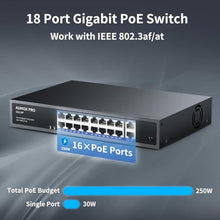 Load image into Gallery viewer, AUMOX PRO 18 Port Gigabit PoE Switch 250W 16PoE 2 Uplink Rack Mount VLAN, Black_6449
