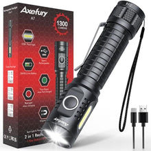 Load image into Gallery viewer, axefury Flashlight, Rechargeable Magnetic LED Flashlight High Powered 1300 Lumens,Tactical LED Light Torch COB Work Light,9 Modes,IP67 Outdoor Gear A7, stainlesssteel_1
